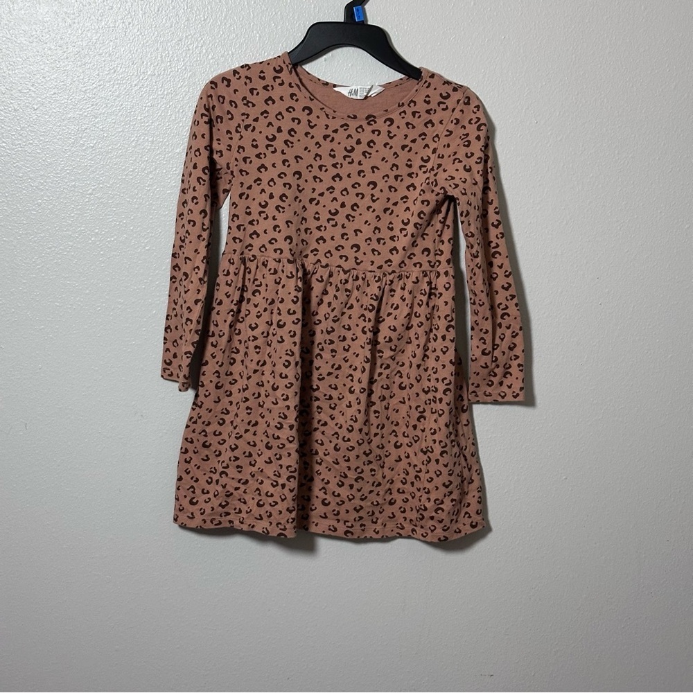 H&M Girls Long Sleeve Brown‎ Cheetah Print Dress Size 6-7.